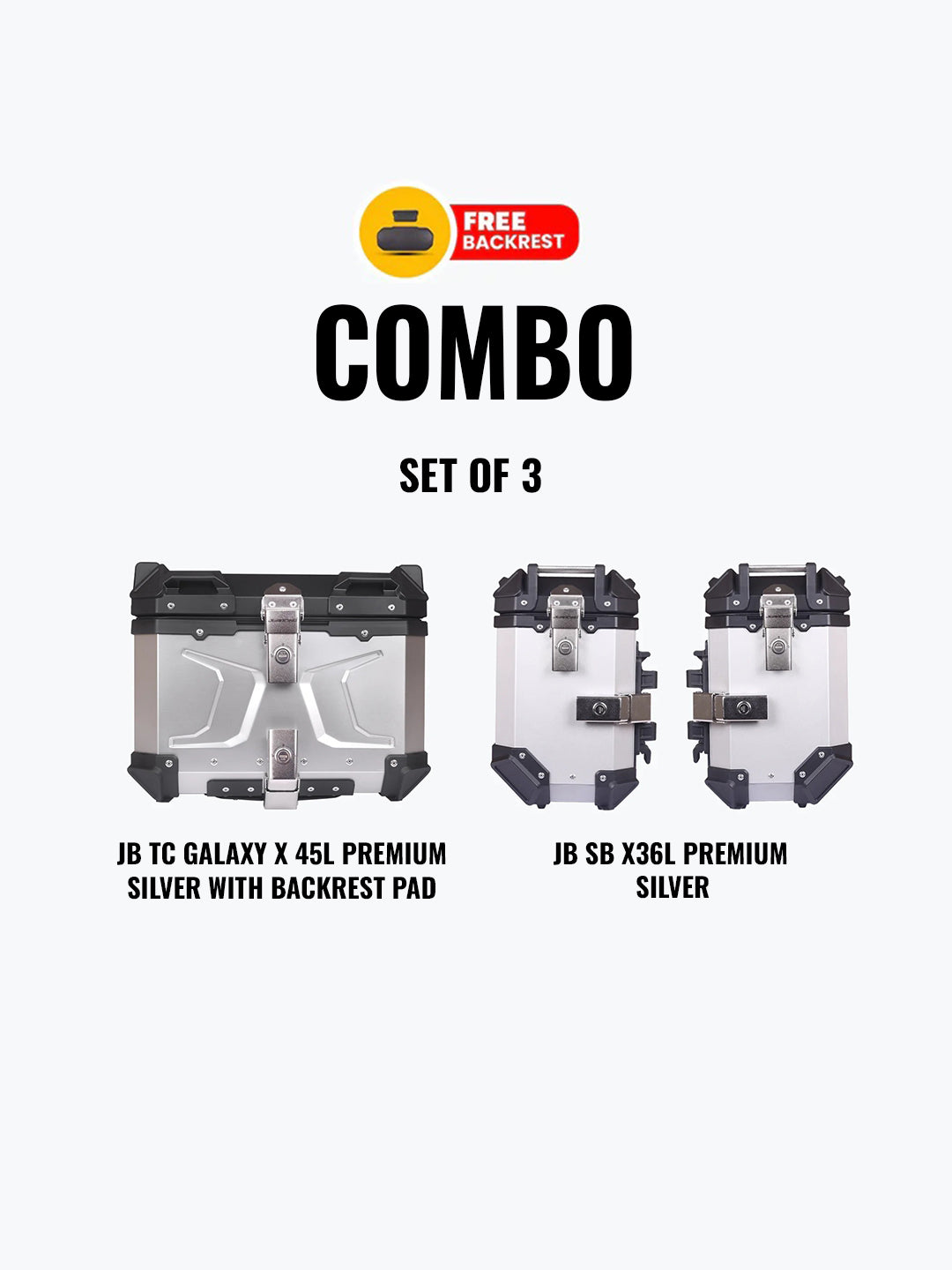 Jb Racing Set Of 3 Combo Of JB TC Galaxy X 45L Premium Silver With Backrest Pad + JB SB X36L Premium Silver