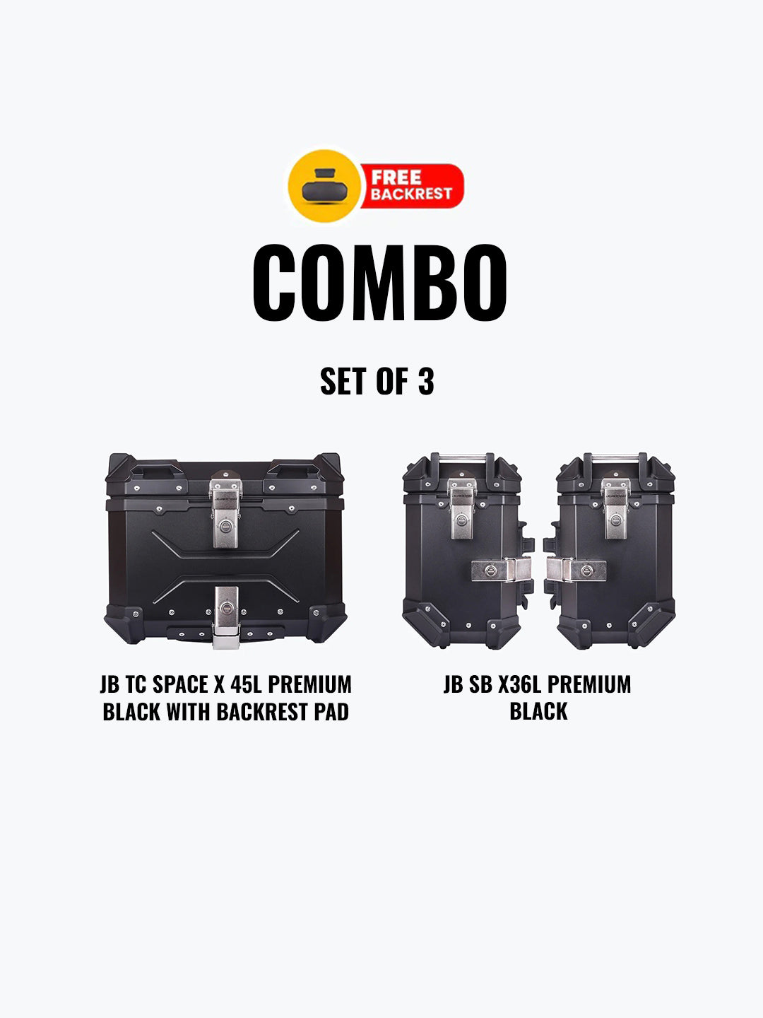 Set Of 3 Combo Of JB TC Space X 45L Premium Black With Backrest Pad + JB SB X36L Premium Black