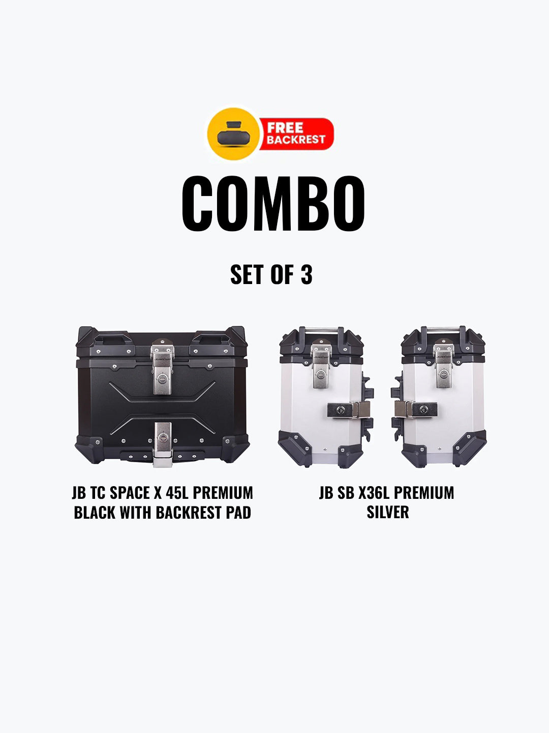 Set Of 3 Combo Of JB TC Space X 45L Premium Black With Backrest Pad + JB SB X36L Premium Silver