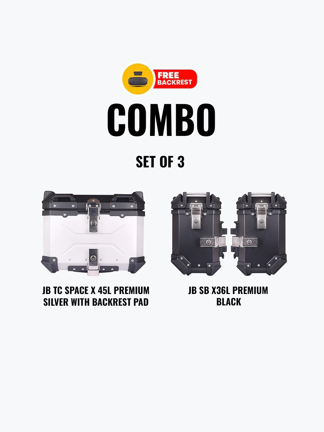 Jb Racing Set Of 3 Combo Of JB TC Space X 45L Premium Silver With Backrest Pad + JB SB X36L Premium Black