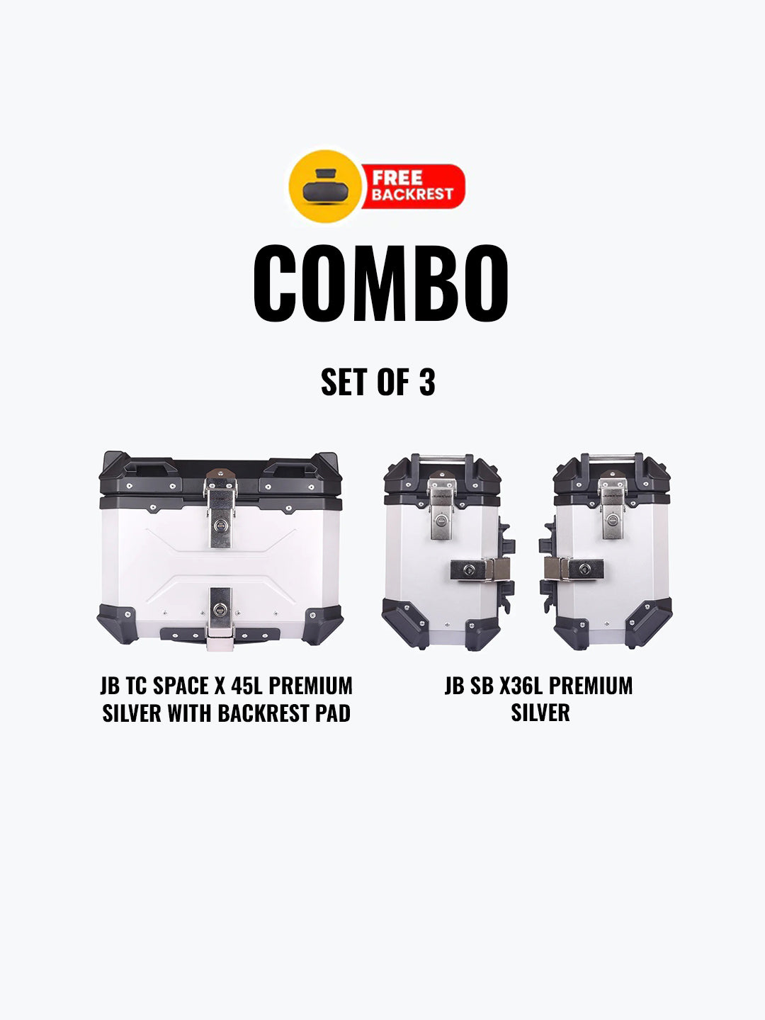 Jb Racing Set Of 3 Combo Of JB TC Space X 45L Premium Silver With Backrest Pad + JB SB X36L Premium Silver