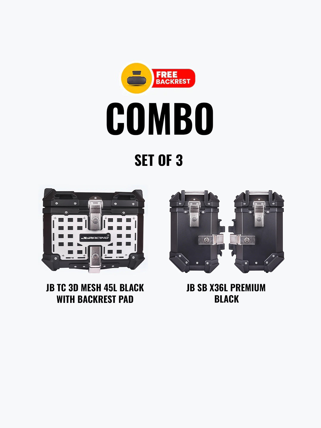 Set Of 3 Combo Of JB TC 3D Mesh 45L Black With Backrest Pad + JB SB X36L Premium Black