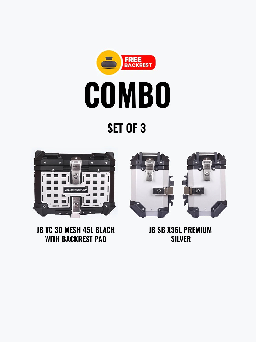 Set Of 3 Combo Of JB TC 3D Mesh 45L Black With Backrest Pad + JB SB X36L Premium Silver