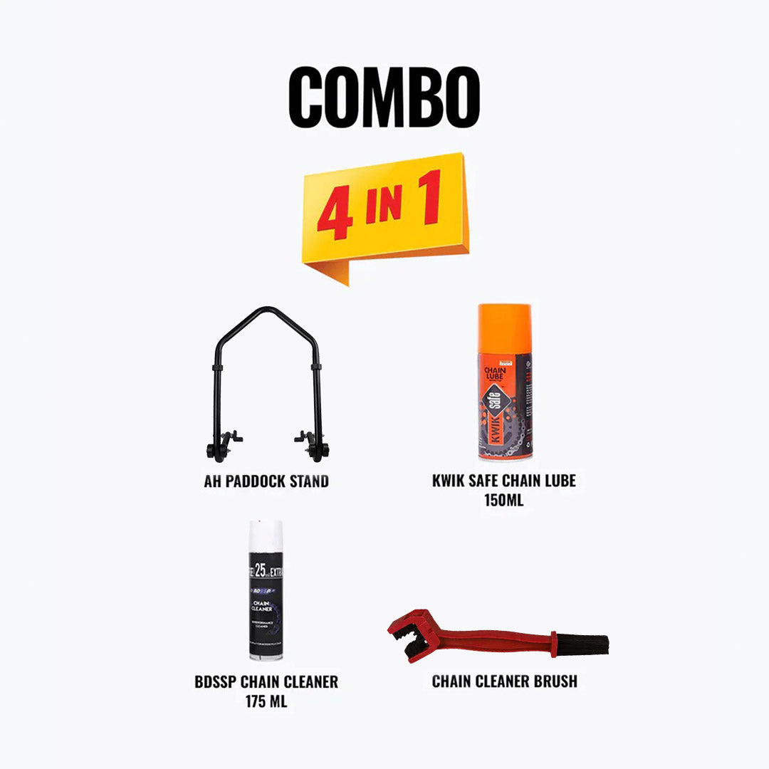 AH Paddock Stand Matte Black + Kwik Safe Chain Lube 150ML + BDSSP Chain Cleaner 175ML + Chain Cleaner Brush Red
