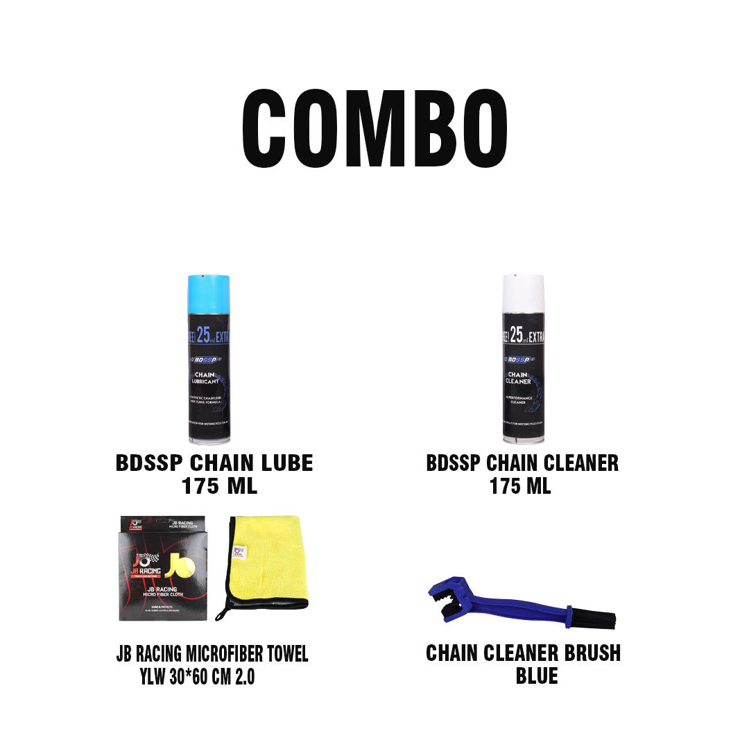 BDSSP CHAIN CLEANER 175 ML + BDSSP CHAIN LUBE 175 ML + CHAIN CLEANER BRUSH BLUE + JB RACING MICROFIBER TOWEL YLW 30*60 CM 2.0