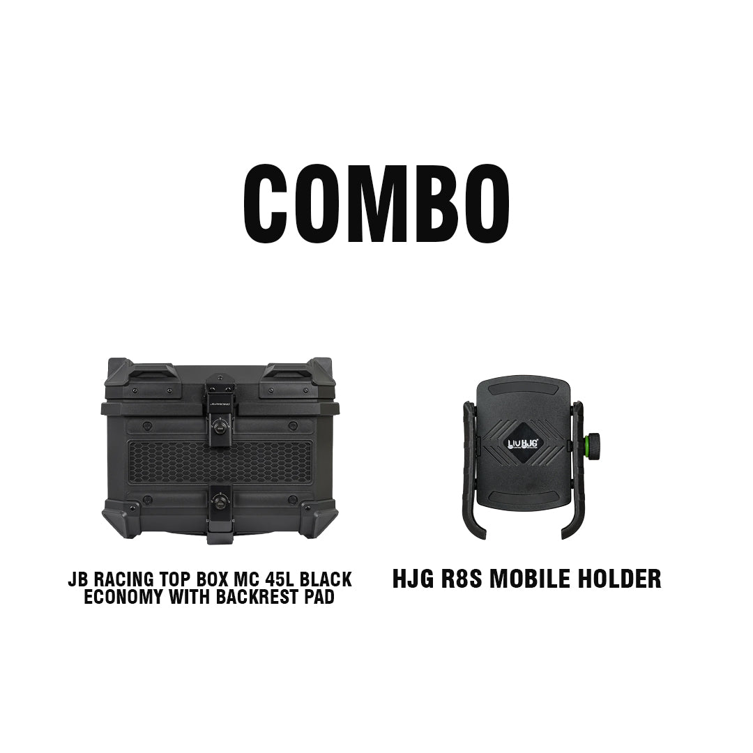 JB TOP BOX MC 45L BLK ECONOMY WITH BACKREST PAD + HJG R8S MOBILE HOLDER