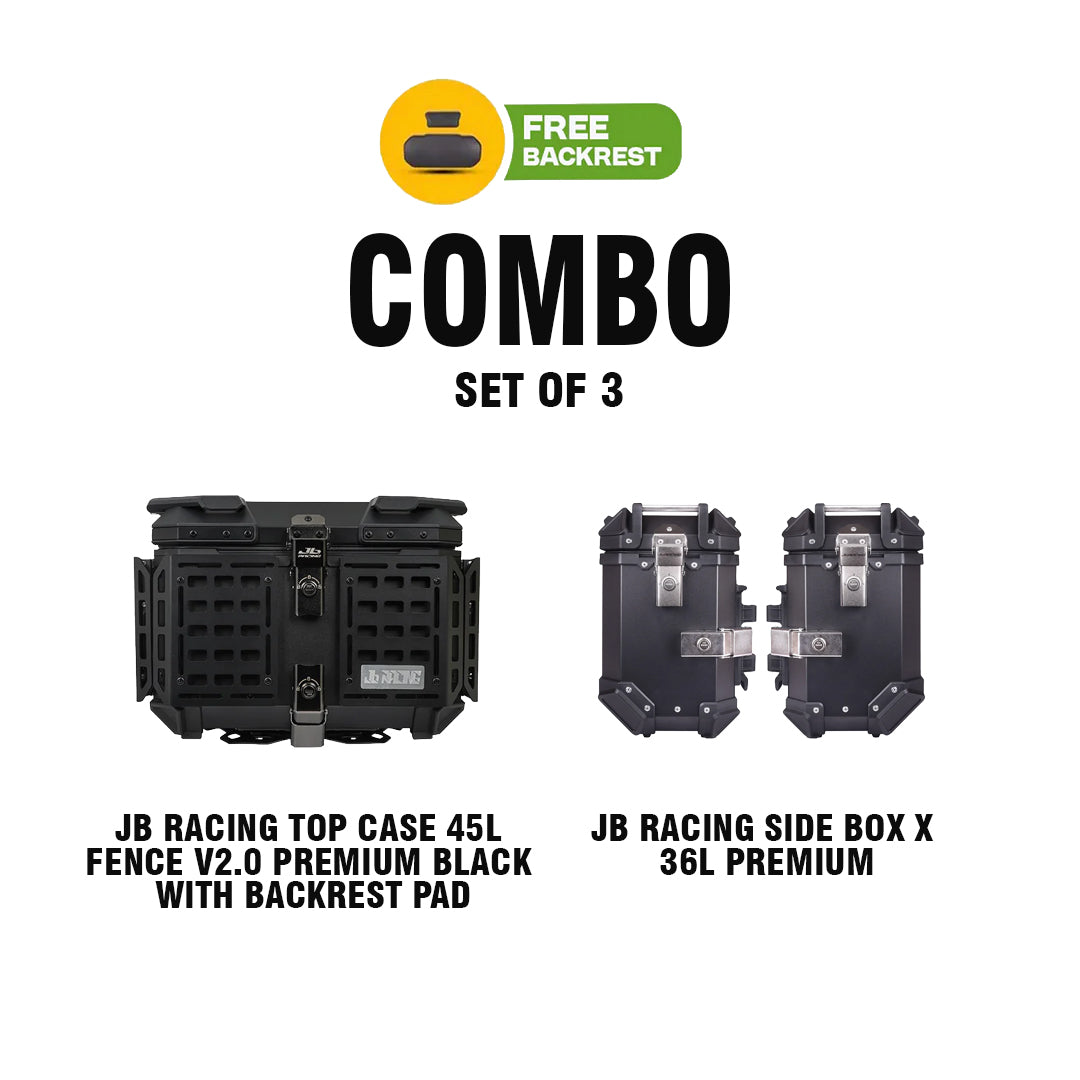 SET OF 3 COMBO OF JB RACING TC 45L BLACK FENCE V2.0 PREMIUM BLACK WITH BACKREST PAD + JB RACING SB X 36L PREMIUM BLACK