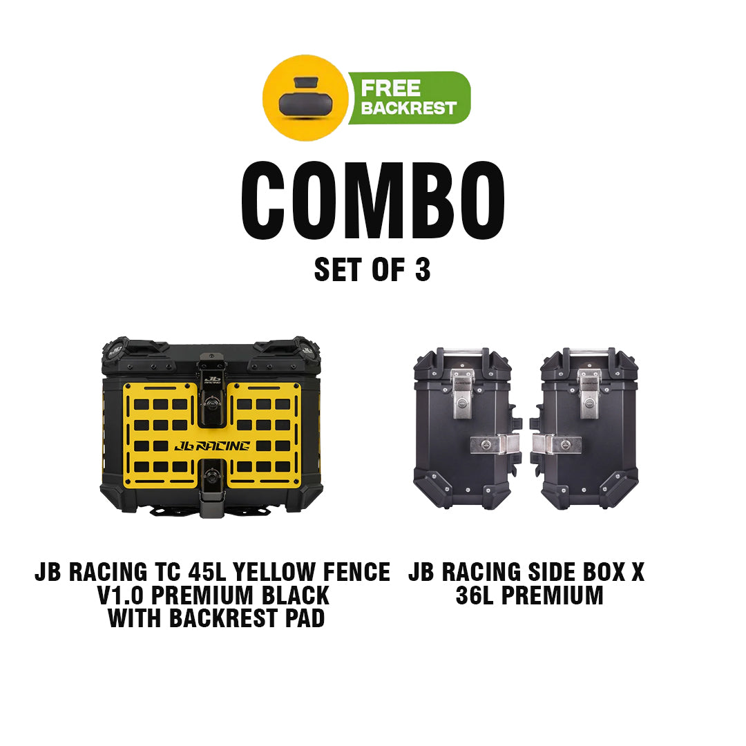 SET OF 3 COMBO OF JB RACING TC 45L YELLOW FENCE V1.0 PREMIUM BLACK WITH BACKREST PAD + JB RACING SB X 36L PREMIUM BLACK