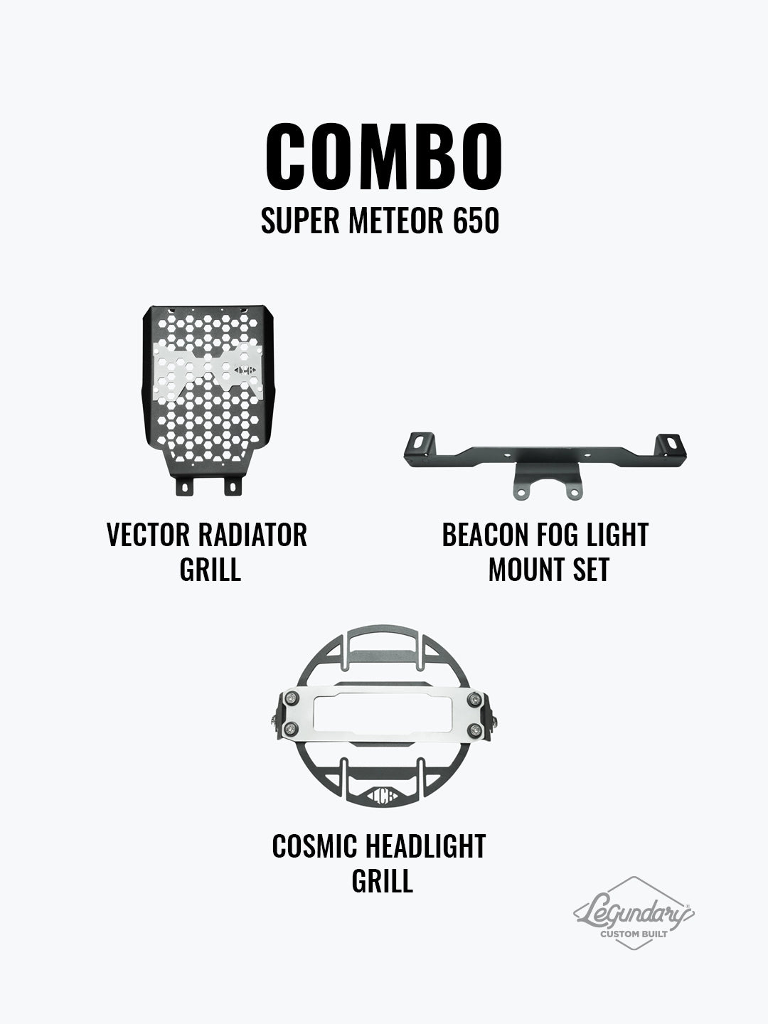 LCB Super Meteor 650 Combo Cosmic Headlight Grill, Vector Radiator Grill & Beacon Fog Light Mount Set
