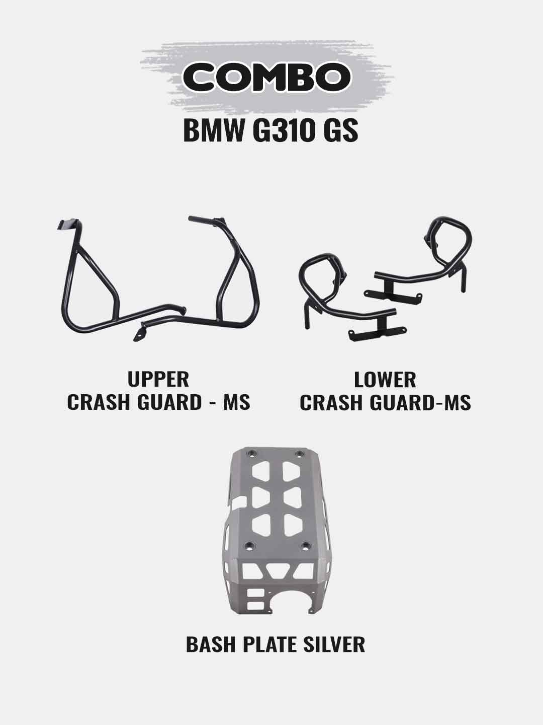 BMW G310GS Combo - Upper Crashguard Black+Lower Grashguard Black+Engine Guard Silver