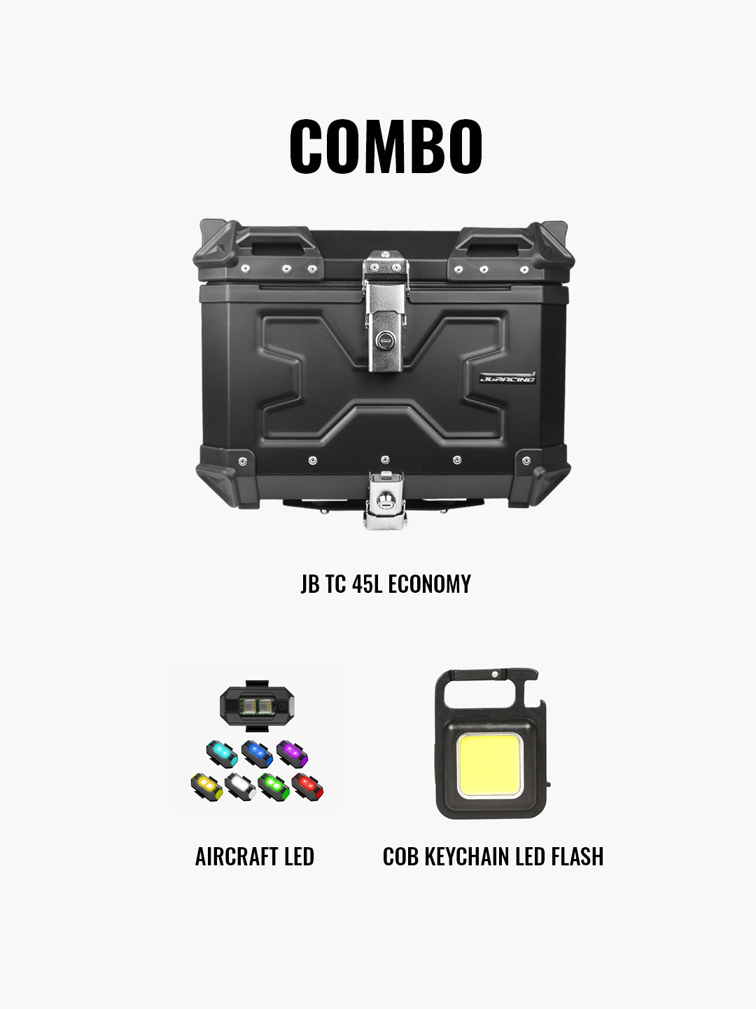 UNIVERSAL COMBO - JB TOP BOX 45L BLACK ECONOMY + AIRCRAFT LED + COB KEY CHAIN + JB BALACLAVA