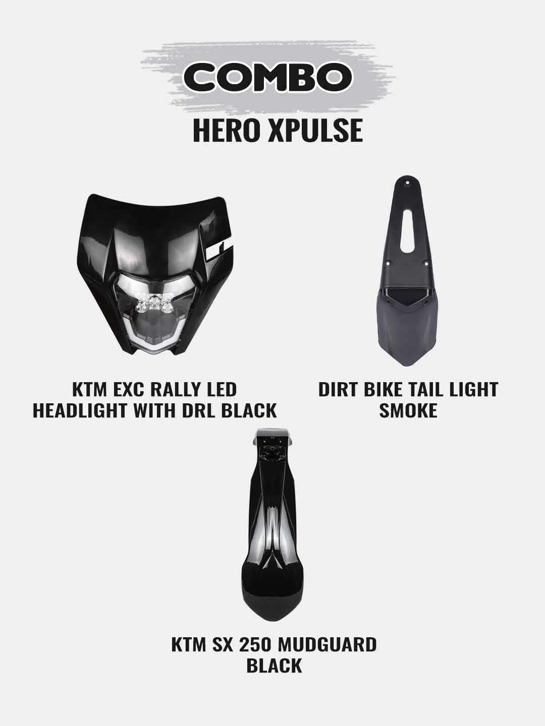 Rally Combo For Xpulse 200 (Universal LED Headlight With DRL - Black + Tail Light Set Smoke + Fly Mudguard Black)