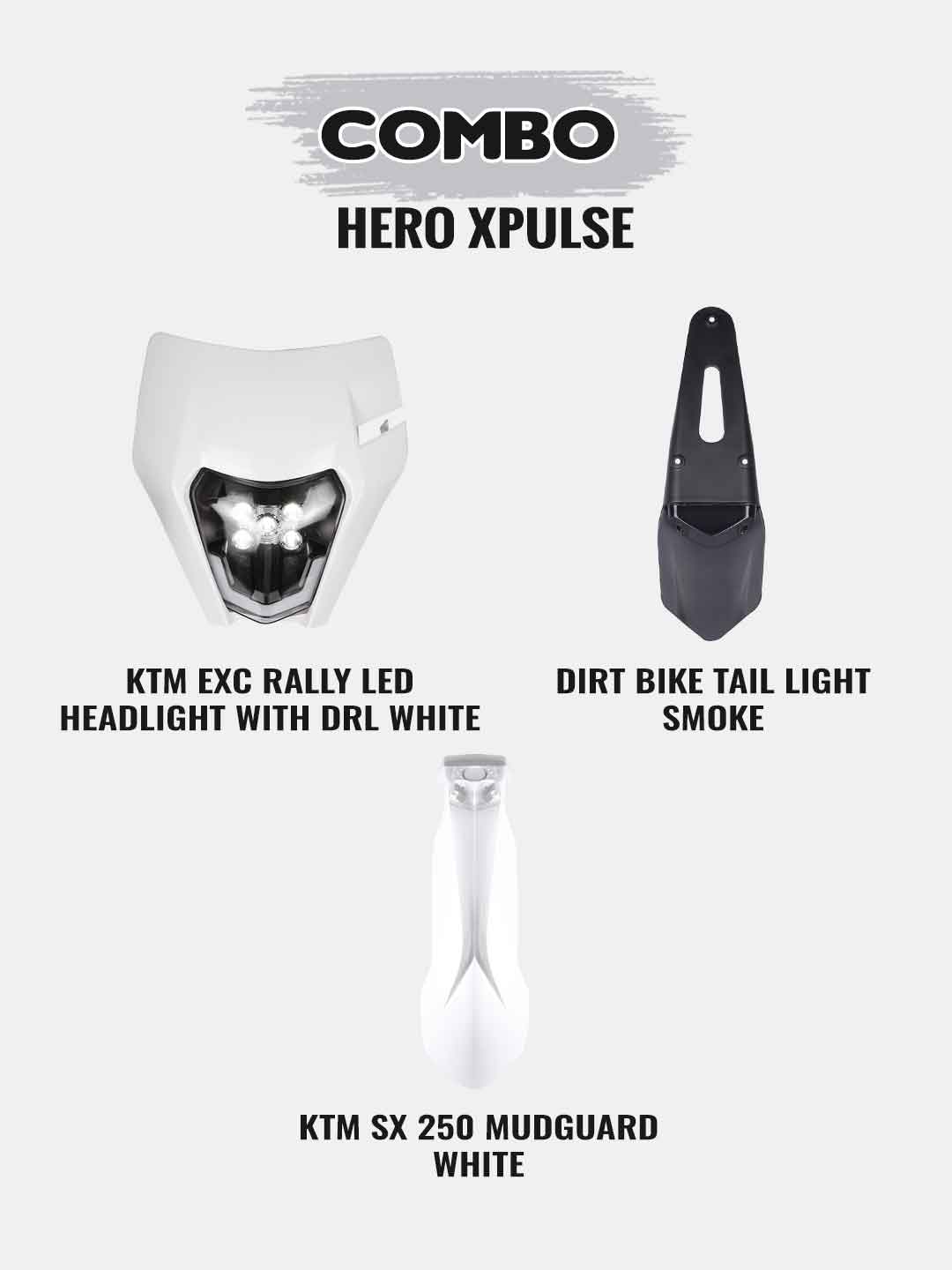 Rally Combo For Xpulse 200 (Universal LED Headlight-White+Dirt Bike Tail Light Smoke + Fly Mudguard White)